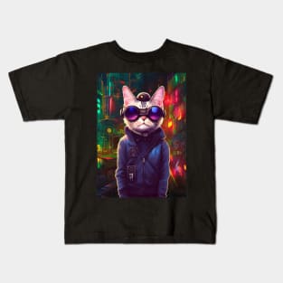 Techno Cat In Japan Neon City Kids T-Shirt